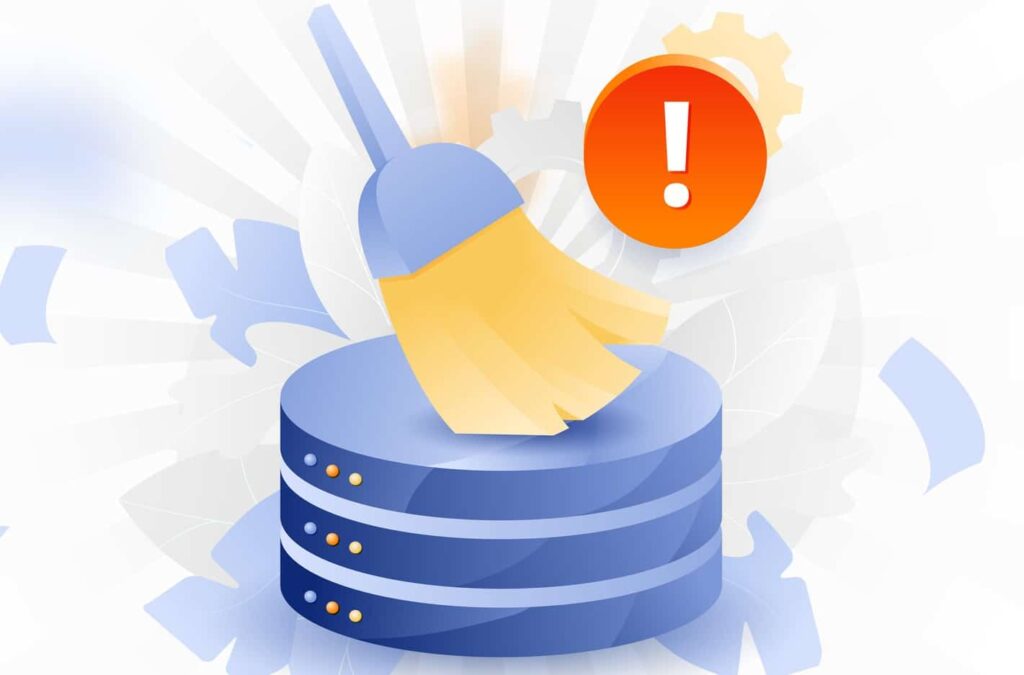 Database cleanup concept: A broom sweeps the top of a data server that has an exclamation-alert icon above it.