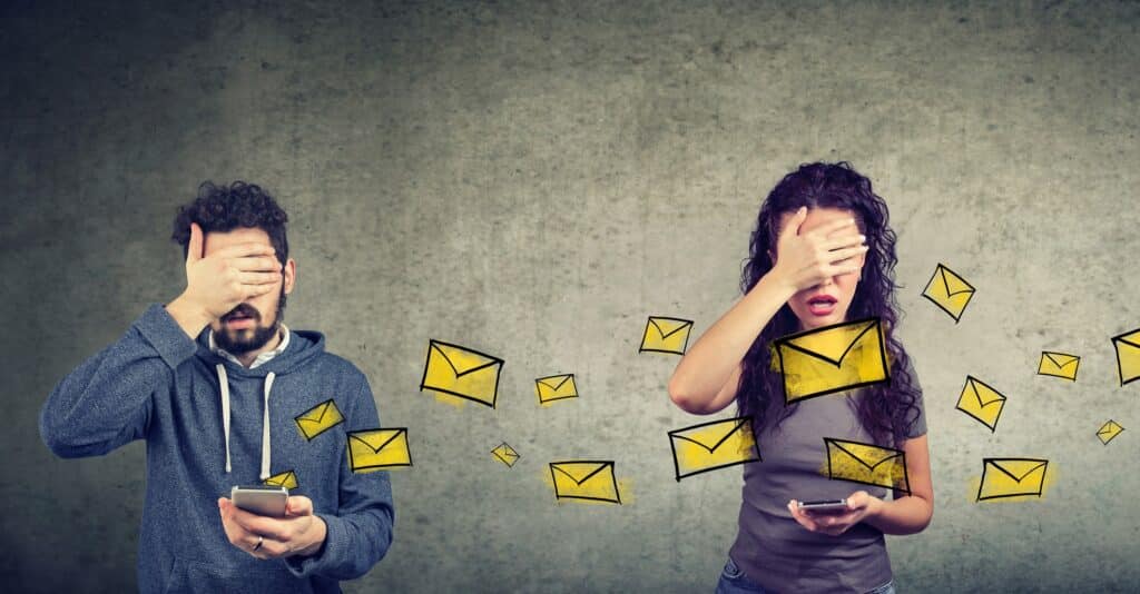 Prospecting mistakes concept: two people cover their eyes in shock while holding smartphones, email icons floating in the air between them.