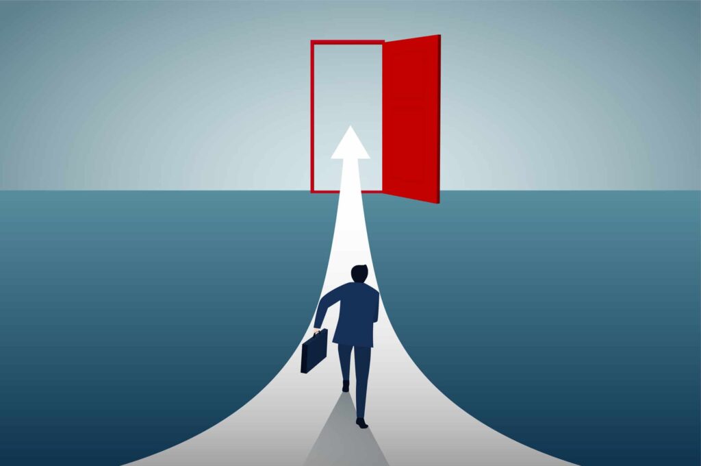 Sales goal concept: a business rep holding a briefcase follows an arrow-shaped path that leads through an open red door.