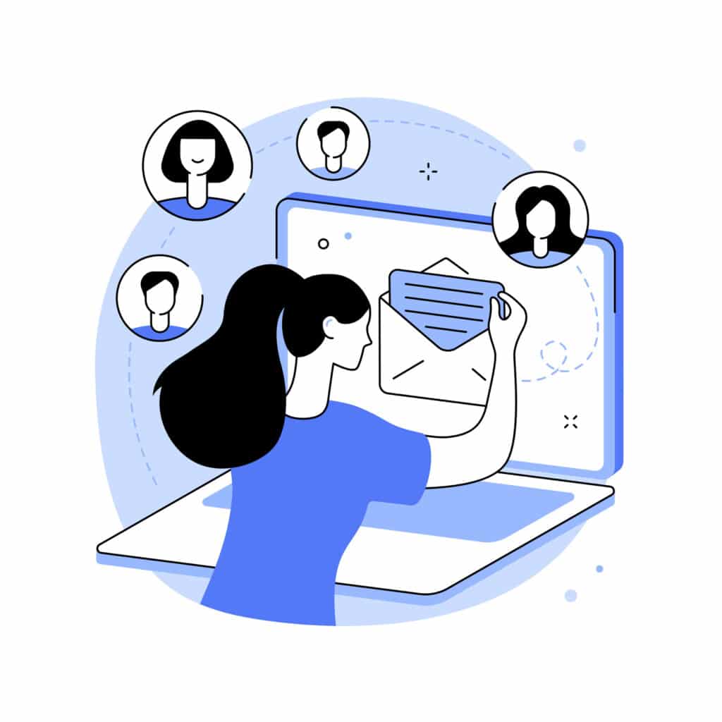 Personalized Emails Concept Drawing: a lead uses her hands to physically open an email icon and remove a letter on the laptop screen in front of her, while bubbled heads of different senders hover around her.