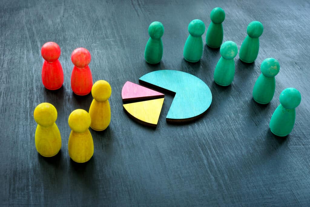 CRM segmentation concept: a pie chart is divided into green, yellow, and red slices. Figurines with those same colors are set beside their corresponding slice to depict totals.