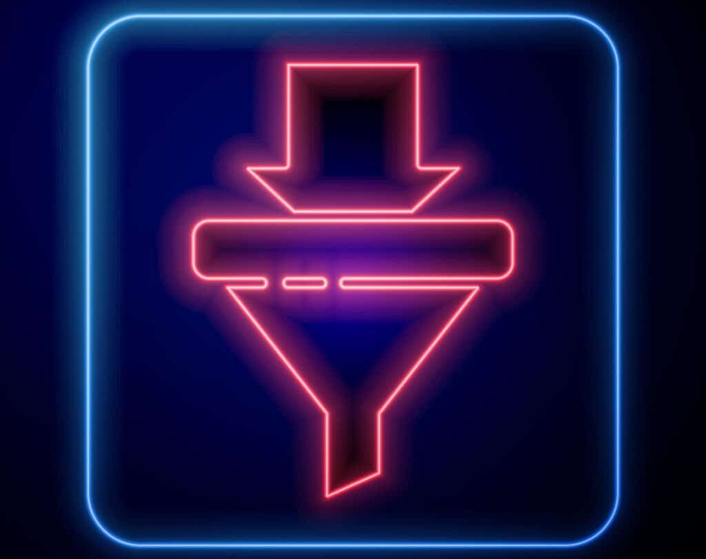 A red, glowing neon lead funnel icon is set against a blue background.