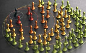Pawns are segmented into circles based on their color, representing different levels of lead generation and personalized email.