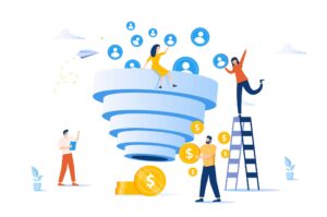 Lead generation and demand generation concept: a cartoon sales funnel receives contact icons as they're tossed into it by marketing reps who are standing, sitting, or using a ladder beside it.
