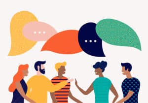 A flat-style vector illustration represents relationship marketing. A diverse group of people share information in a friendly manner, indicated by bright-colored speech bubbles.