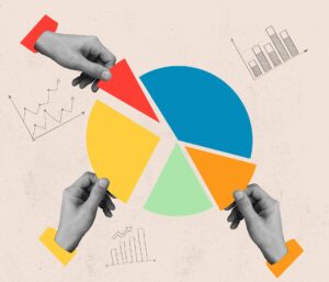 Fractional CMO concept: three hands contribute different colored slices to a marketing pie chart, surrounded by sketches of two bar graphs and a line chart.
