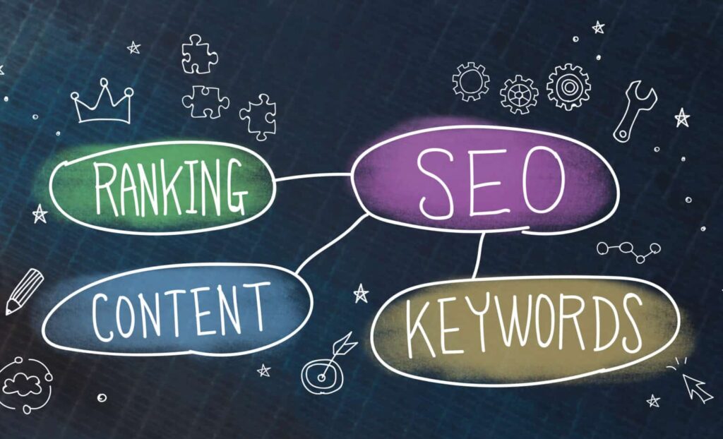 Concept for the difference between a hub page and a pillar page: "SEO" is highlighted and circled on a chalk board, with line connections drawn to "ranking," "content," and "keywords," while puzzle pieces, a crown, cogs, a bullseye, and other icons are drawn around them.
