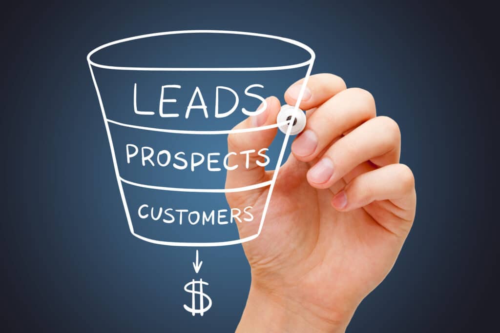 Lead or prospect concept: a hand draws a funnel that includes descending levels of leads, prospects, and customers, followed by an arrow pointing to a dollar sign.