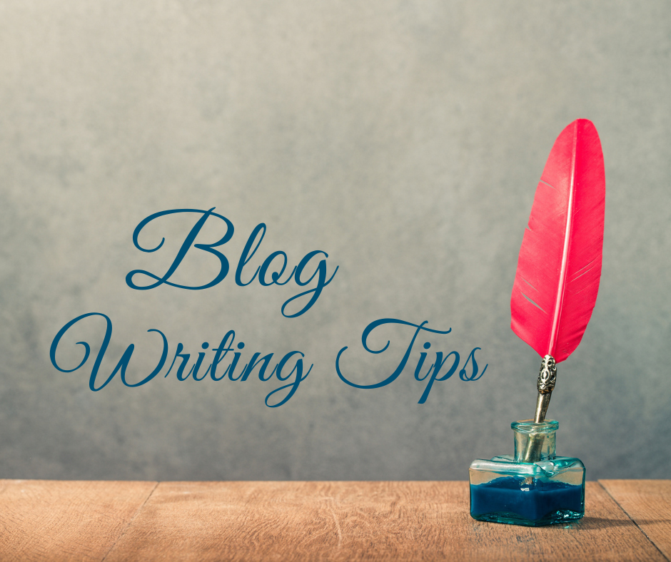 A red feather quill rests in an inkwell beside the text, "Blog Writing Tips."