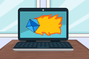 Cartoon illustration concept for warming up your email address: an email icon is on fire and displayed on a laptop.