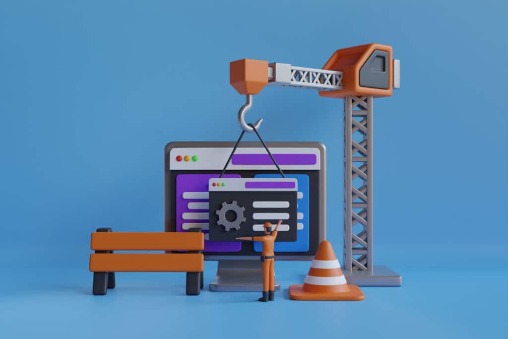 Website audit concept: a 3D illustration of a construction zone includes a crane holding a new browser window over a redesigned webpage.