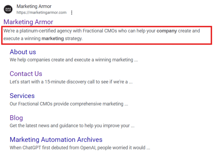 A search result for Marketing Armor on Google, including a red outline box around the meta description beneath its title.