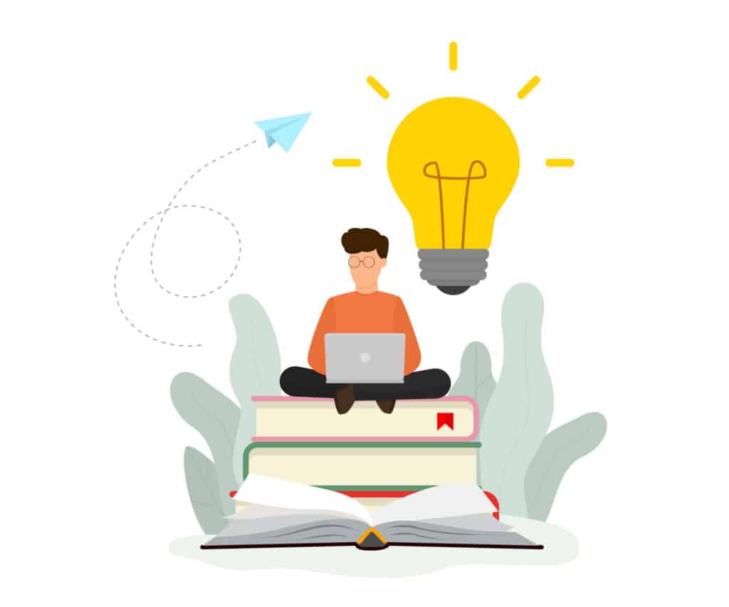 Digital learning abstract illustration: a marketer with a laptop sits on a pile of large books and gets an idea from a LinkedIn Learning course.