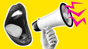 Brand association concept: a female mouth shouts into a megaphone against a bright yellow background.