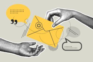 Email marketing strategies represented by illustrated hands exchanging a yellow envelope, surrounded by speech bubbles.