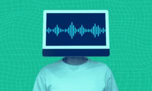 AI voiceover abstract: a person's head is replaced by a computer monitor displaying sound waves.