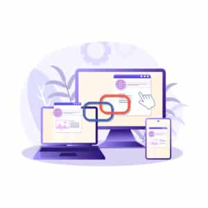 An illustration of backlinking that improves SEO for a company's website across mobile devices, including a smartphone, laptop, and desktop computer.
