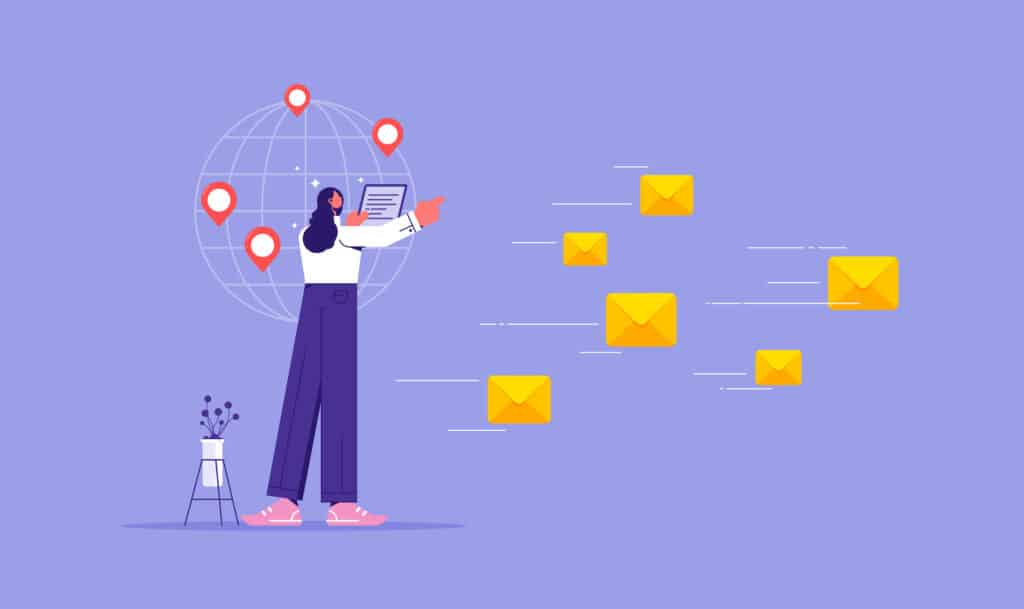 A cartoon woman uses email automation to send messages across the globe.