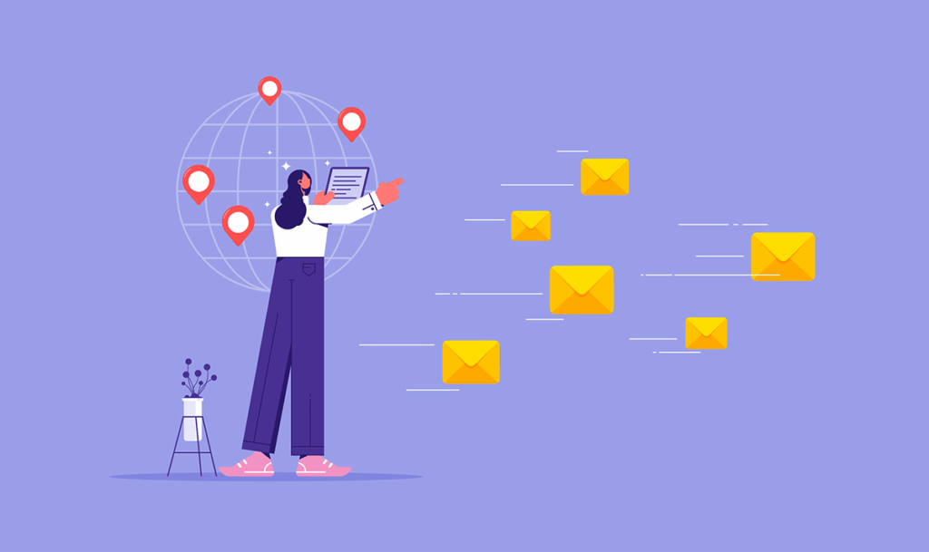 A cartoon woman uses email automation to send messages across the globe.