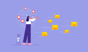 A cartoon woman uses email automation to send messages across the globe.