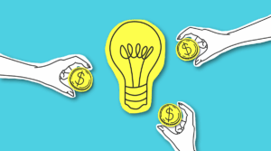 Evergreen content represented by a lightbulb surrounded by hands holding coins.
