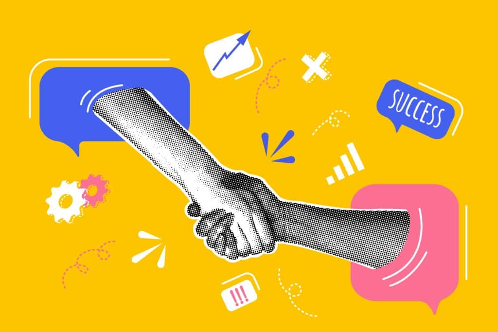 An abstract representation of an outsourced marketing partnership. Two hands extending from chat bubbles shake, with the word Success, two cogs, exclamation points, dotted lines, and graphs all hovering in the background.