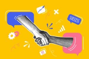 An abstract representation of an outsourced marketing partnership. Two hands extending from chat bubbles shake, with the word Success, two cogs, exclamation points, dotted lines, and graphs all hovering in the background.