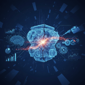 An abstract, glowing 3D wireframe of a car engine split down the middle, surrounded by digital marketing charts, a human brain diagram, and gears.