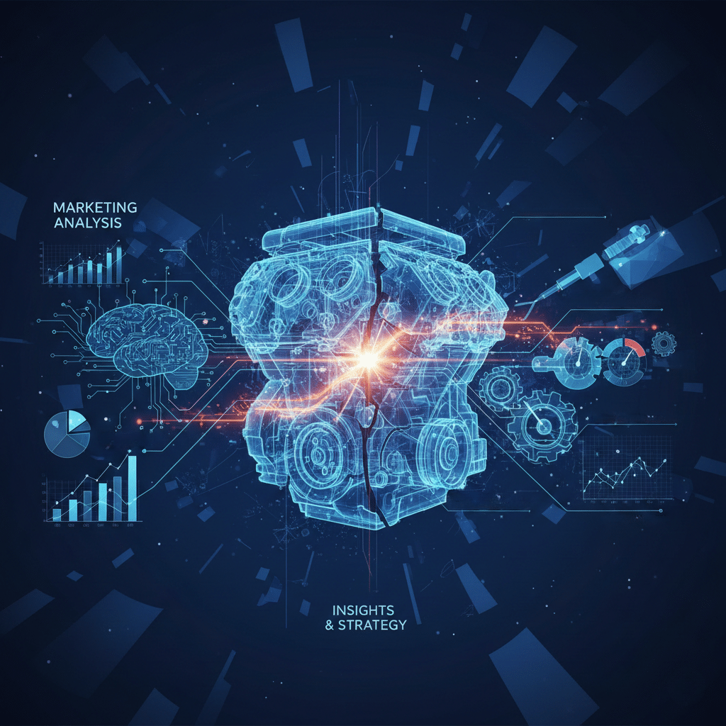An abstract, glowing 3D wireframe of a car engine split down the middle, surrounded by digital marketing charts, a human brain diagram, and gears. Text overlays read Marketing Analysis and Insights & Strategy.