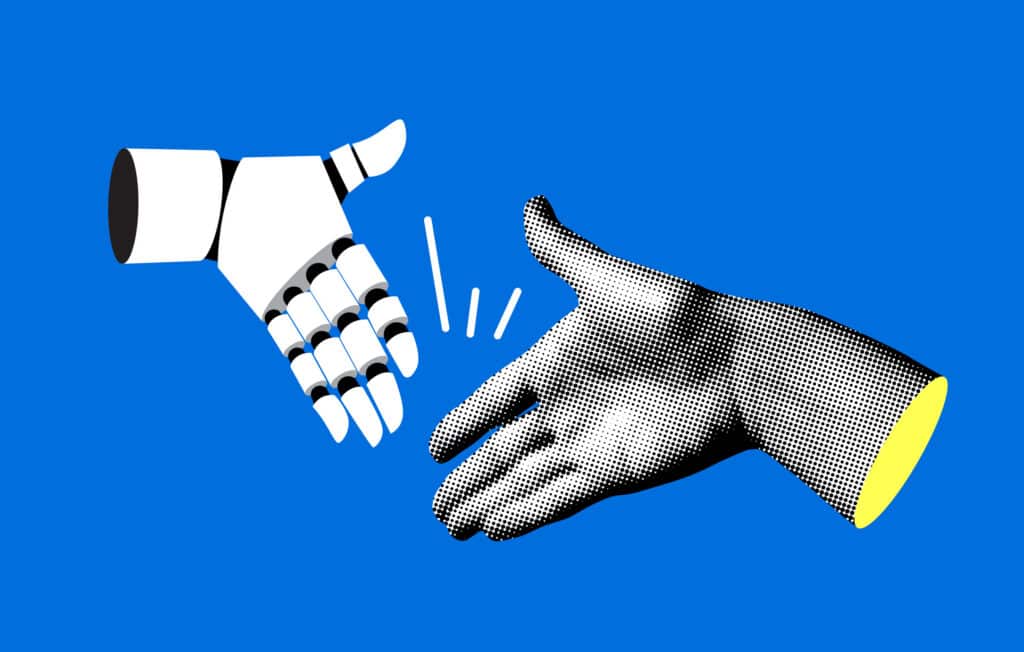 An illustration of a robot hand reaching toward a human hand, symbolizing how AEO and SEO strategies connect AI-driven search with human trust.