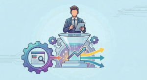 An illustration of a marketing professional managing a content funnel with analytics, automation gears, and growth arrows representing content marketing as an acquisition channel.
