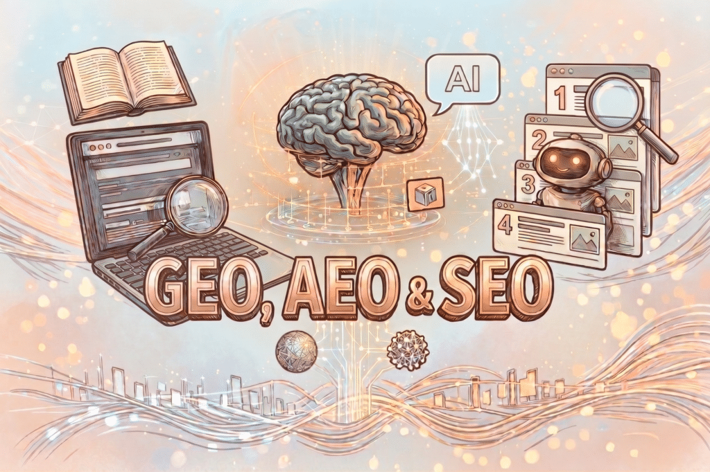 An illustrated infographic shows the relationship between GEO, AEO, and SEO. The image features a central human brain connected to an AI robot, a laptop with a magnifying glass, and a stack of numbered browser tabs, representing how search engines and generative AI synthesize digital content.