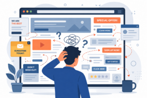 A frustrated website visitor trying to navigate a cluttered, confusing landing page filled with competing calls to action, pop-ups, and unclear conversion paths, all in an abstract cartoon illustration.